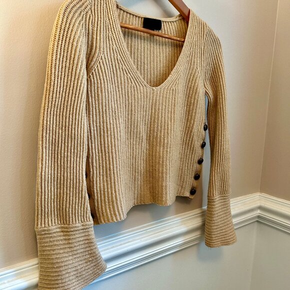 INTERMIX Haley Wool Cashmere Sweater V Neck with Button Detail & Bell Sleeve XS - Picture 11 of 12